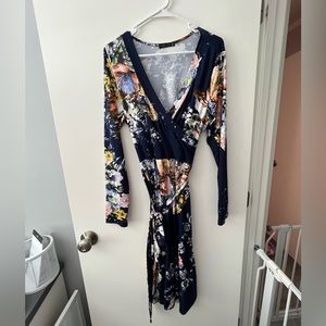 NWOT navy blue floral soft long dress with belt
